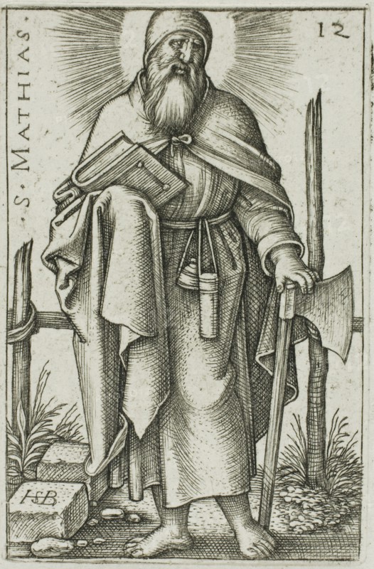 St. Matthias, plate 12 from The Twelve Apostles, 1545, Sebald Beham, German, 1500-1550, Germany, Engraving in black on white wove paper, 45 x 30 mm (image/plate), 305 x 240 mm (sheet)