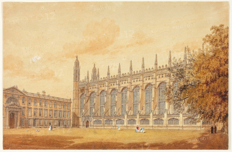 South Side of King’s College Chapel, Cambridge, 1815/20, Frederick MacKenzie, English, born Scotland, 1787-1854, England, Watercolor, with touches of gouache, heightened with white gouache, over graphite, on cream wove paper, 180 × 273 mm