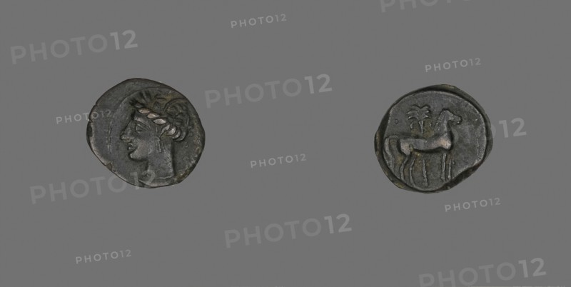 Coin Depicting a Horse and Palm Tree, 3rd century BC, Carthaginian, Greece, Bronze, Diam. 1.7 cm, 2.94 g