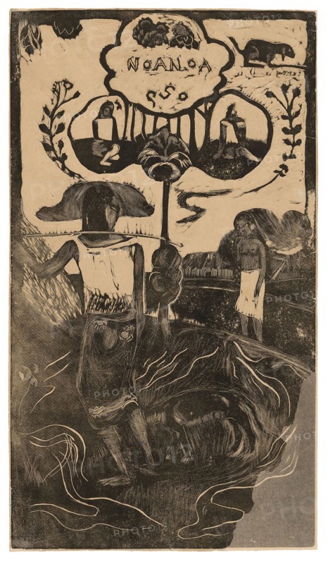Noa Noa (Fragrant), from the Noa Noa Suite, 1893/94, Paul Gauguin, French, 1848-1903, France, Wood-block print in black, with a transferred twill impression, on tan wove paper, 354 × 201 mm (image), 357 × 204 mm (sheet)
