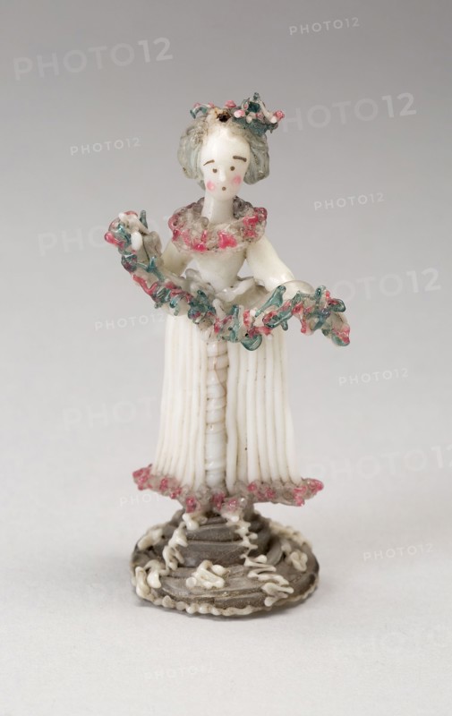 Woman with Garland, 1750/99, Nevers, France, Glass, lampwork (verre de Nevers), metal armature, H. 7.6 cm (3 in.)