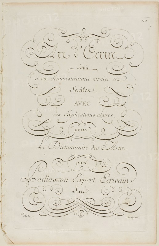 Art of Writing, from Encyclopédie, 1760, Aubin (French, active 18th century), after Charles Paillasson (French, 1718-1789), published by André le Breton (French, 1708-1779), Michel-Antoine David (French, c. 1707-1769), Laurent Durand (French, 1712-1763), and Antoine-Claude Briasson (French, 1700-1775), France, Engraving on cream laid paper, 400 × 260 mm