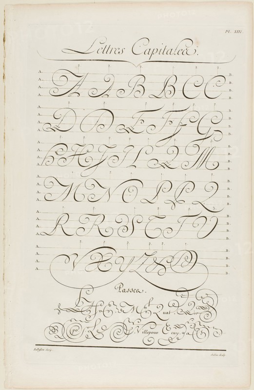 Capital Letters, from Encyclopédie, 1760, Aubin (French, active 18th century), after Charles Paillasson (French, 1718-1789), published by André le Breton (French, 1708-1779), Michel-Antoine David (French, c. 1707-1769), Laurent Durand (French, 1712-1763), and Antoine-Claude Briasson (French, 1700-1775), France, Engraving on cream laid paper, 400 × 260 mm