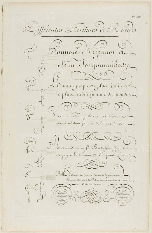 Various Rounded-Style Calligraphy, from Encyclopédie, 1760, Aubin (French, active 18th century), after Charles Paillasson (French, 1718-1789), published by André le Breton (French, 1708-1779), Michel-Antoine David (French, c. 1707-1769), Laurent Durand (French, 1712-1763), and Antoine-Claude Briasson (French, 1700-1775), France, Engraving on cream laid paper, 400 × 260 mm