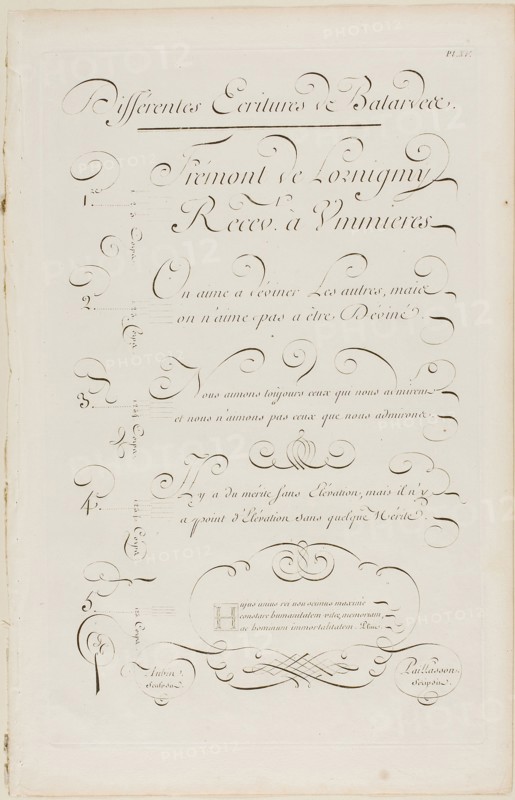 Various Slanted Calligraphy, from Encyclopédie, 1760, Aubin (French, active 18th century), after Charles Paillasson (French, 1718-1789), published by André le Breton (French, 1708-1779), Michel-Antoine David (French, c. 1707-1769), Laurent Durand (French, 1712-1763), and Antoine-Claude Briasson (French, 1700-1775), France, Engraving on cream laid paper, 400 × 260 mm