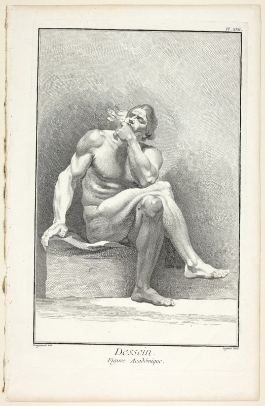 Design: Academic Figure, from Encyclopédie, 1762/77, A. J. Defehrt (French, active 18th century), after Jean Honoré Fragonard (French, 1732-1806), published by André le Breton (French, 1708-1779), Michel-Antoine David (French, c. 1707-1769), Laurent Durand (French, 1712-1763), and Antoine-Claude Briasson (French, 1700-1775), France, Etching, with engraving, on cream laid paper, 320 × 208 mm (image), 357 × 230 mm (plate), 393 × 253 mm (sheet)