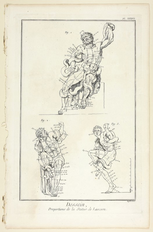Design: Proportions of the Laocoon statue, from Encyclopédie, 1762/77, A. J. Defehrt (French, active 18th century), published by André le Breton (French, 1708-1779), Michel-Antoine David (French, c. 1707-1769), Laurent Durand (French, 1712-1763), and Antoine-Claude Briasson (French, 1700-1775), France, Etching, with engraving, on cream laid paper, 320 × 215 mm (image), 355 × 225 mm (plate), 400 × 260 mm (sheet)