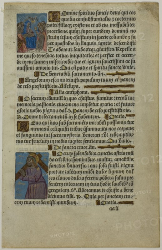 Pentecost and Christ Carrying the Cross, c. 1500, Unknown artist, French, active 15th/16th century, France, Hand-colored woodcuts, with gilding and letterpress, on vellum, 244 × 157 mm (sheet), 200 × 116 mm (te×t)
