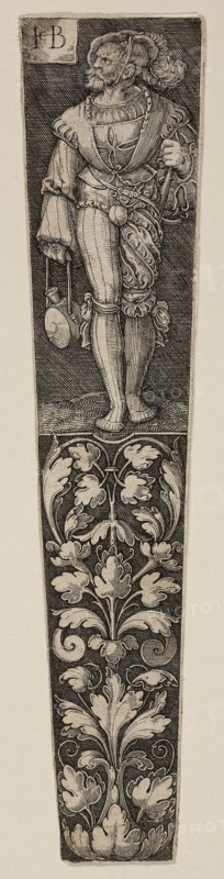 Dagger Sheath with a Landsknecht, 1568/70, Jacob Binck, German, c.1500-1569, Germany, Engraving in black on ivory laid paper, 163 x 36 mm (image/plate/sheet)