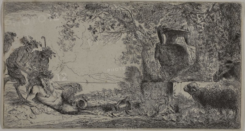 Pan Reclining before a Large Vase, 1645–47, Giovanni Benedetto Castiglione, Italian, 1609-1664, Italy, Etching on paper, 115 x 214 mm (sheet)