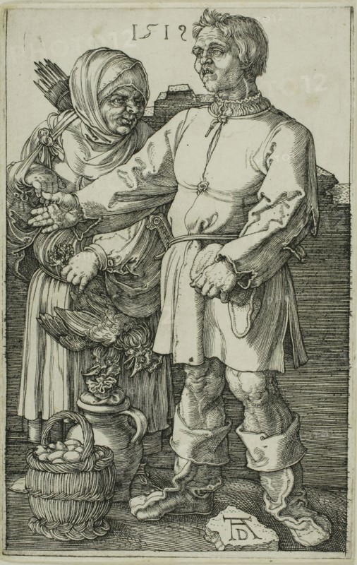 The Peasant and His Wife at Market, 1519, Albrecht Dürer, German, 1471-1528, Germany, Engraving in black on off-white laid paper, 115 x 73 mm (image), 118 x 75 mm (sheet)