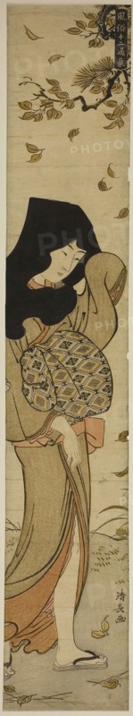 Woman with Black Hood in Windblown Leaves, from the series Twelve Scenes of Popular Customs (Fuzoku juni tsui), c. 1783, Torii Kiyonaga, Japanese, 1752-1815, Japan, Color woodblock print, hashira-e, 66.8 x 11.5 cm