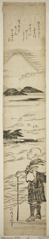 Priest Saigyo Contemplating Mount Fuji, c. 1770s, Kitao Shigemasa, Japanese, 1739-1820, Japan, Color woodblock print, hashira-e, 26 1/2 x 4 7/8 in.