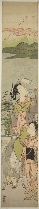 Parody of Ariwara no Narihira’s journey to the east, c. early 1770s, Masunobu, Japanese, active c. 1764-72, Japan, Color woodblock print, hashira-e, 26 5/8 x 4 11/16 in.