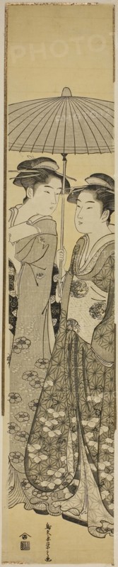 Two Girls under an Umbrella, c. 1788/89, Chobunsai Eishi, Japanese, 1756-1829, Japan, Color woodblock print, hashira-e, 26 x 5 3/16 in.