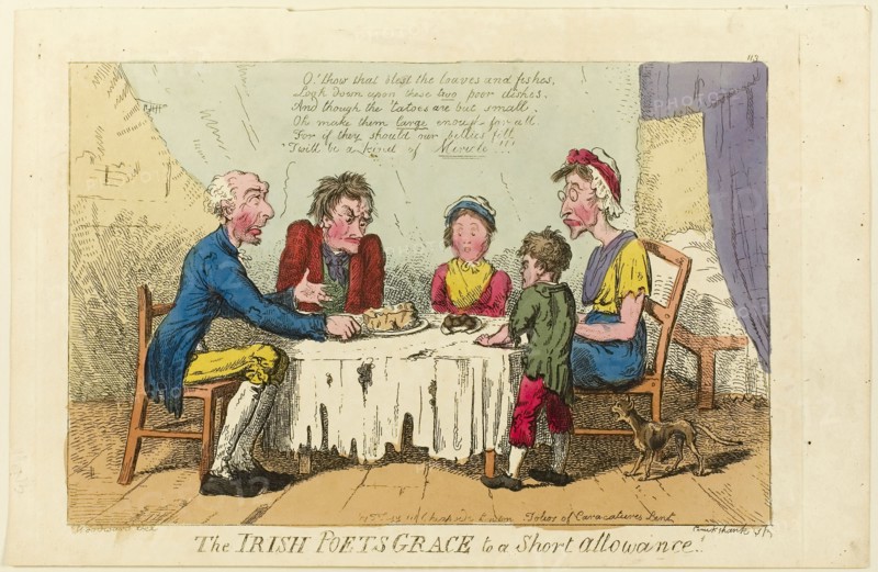 Irish Poets Grace to Short Allowance!, 1805–1810, Isaac Cruikshank (English, 1764-1811), published by Thomas Tegg (English, 1776-1846), England, Etching with hand-coloring on wove paper, 210 × 320 mm (image), 252 × 390 mm (sheet, cut within plate mark)