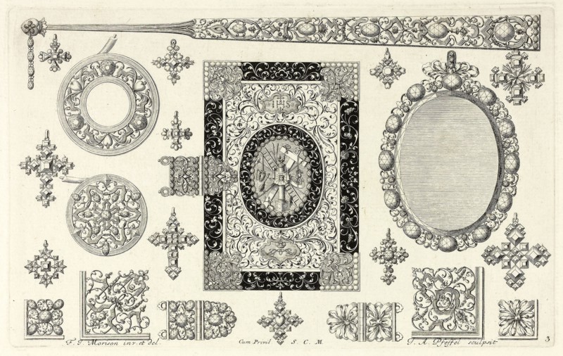Designs for Jewelry, before 1697, Joannes Andreas Pfeffel I (German, 1674-1748), after Friedrich Jacob Morisson (German, act. 1693-1697), Germany, Engraving on cream laid paper, 150 x 245 mm (image/plate), 250 x 365 mm (sheet)