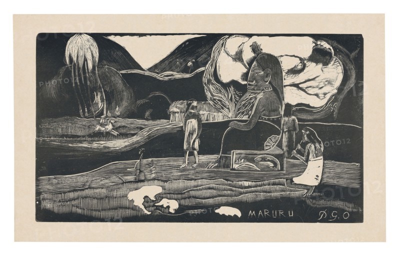 Maruru (Offerings of Gratitude), from the Noa Noa Suite, 1893/94, printed 1941/42, Paul Gauguin (French, 1848-1903), printed by Max Kahn (American, born Russia, 1902-2005), France, Wood-block print, printed in black ink on cream wove paper, 203 × 352 mm (image), 247 × 400 mm (sheet)