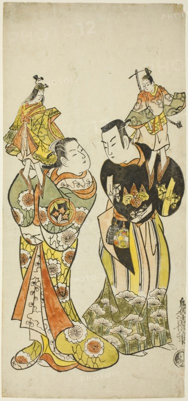 The Actors Yamashita Kinsaku I and Hayakawa Hatsuse as puppeteers in the play Diary Kept on a Journey by Sea to Izu (Funadama Izu Nikki), performed at the Nakamura Theater in the first month, 1725, 1725, Torii Kiyomasu II, Japanese, 1706 (?)–1763 (?), Japan, Hand-colored woodblock print, hosoban, urushi-e, 34.1 x 15.5 cm (13 7/16 x 6 3/16)