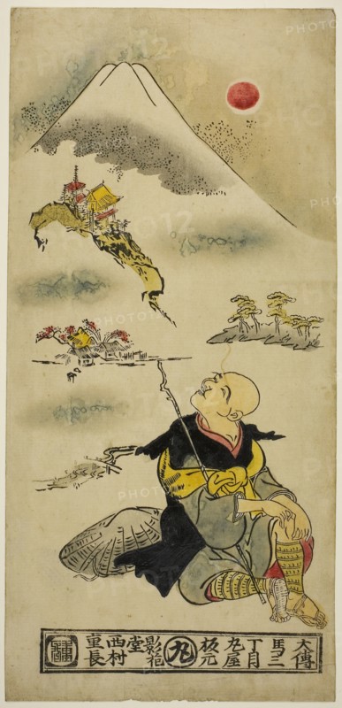 Saigyo Hoshi gazing at Mt. Fuji, c. 1730s, Nishimura Shigenaga, Japanese, 1697 (?)-1756, Japan, Hand-colored woodblock print, hosoban, urushi-e, 13 3/8 x 6 3/8 in.