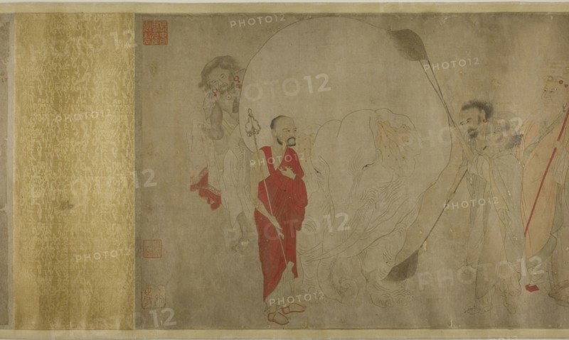 Washing the White Elephant, Ming dynasty (1369–1644), late 16th century, Artist unknown (after Zhang Sengyao or Qian Xuan), Chinese, China, Handscroll, ink and colors on paper, 14 3/8 × 17 in.