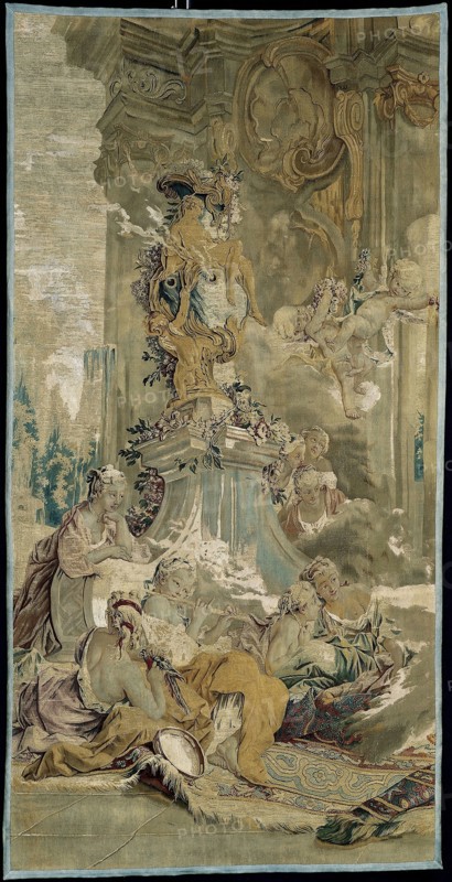 Psyche’s Entrance into Cupid’s Palace [left fragment], from The Story of Psyche, 1756/63, After a cartoon by François Boucher (1703–1770), 1737–39, Woven at the Manufacture Royale de Beauvais under the direction of André Charlemagne Charron (director 1754–80), France, Beauvais, Beauvais, Wool and silk, slit and double interlocking tapestry weave, 172.8 × 341.5 cm (68 × 134 3/8 in.)