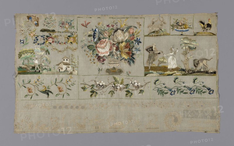 Sampler, 19th century, Possibly France, France, Linen, plain weave, cutwork embroidered with cotton in overcast stitch, pulled threadwork embroidered with cotton in hem, interlocking and outline stitches, embroidered with silk in outline, satin and stem stitches, French knots, bobbin lace, 42.8 × 73.5 cm (16 7/8 × 28 7/8 in.)