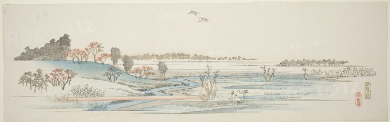 Yuhigaoka, from an untitled series of famous views of the Edo suburbs, c. 1839/40, Utagawa Hiroshige ?? ??, Japanese, 1797-1858, Japan, Color woodblock print, ebangire, surimono, 15.2 x 51.4 cm (6 x 20 1/4 in.)