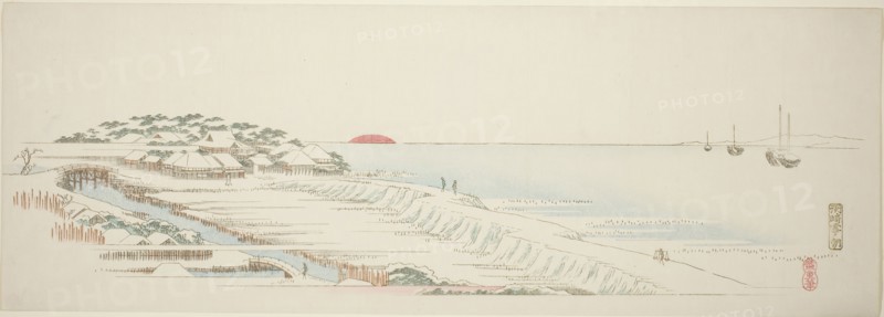 Morning Snow at Susaki (Susaki yuki no asa), from the series Thirteen Views of the Environs of Edo, c. 1837/44, Utagawa Hiroshige ?? ??, Japanese, 1797–1858, Japan, Color woodblock print, ebangire, surimono, 7 x 20 in.