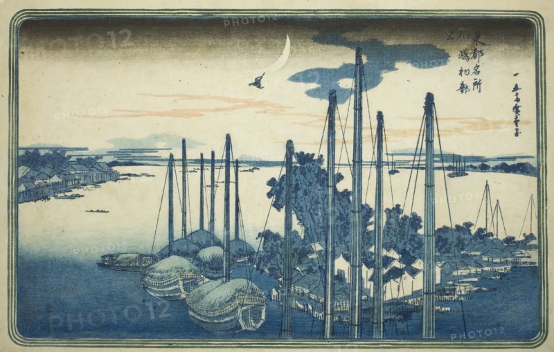 First Cuckoo of the Year at Tsukuda Island (Tsukudajima, hatsu hototogisu), from the series Famous Views of the Eastern Capital (Toto Meisho), c. 1831, Utagawa Hiroshige ?? ??, Japanese, 1797-1858, Japan, Color woodblock print, oban, 24.3 x 37.5 cm (9 9/16 x 14 3/4 in.)