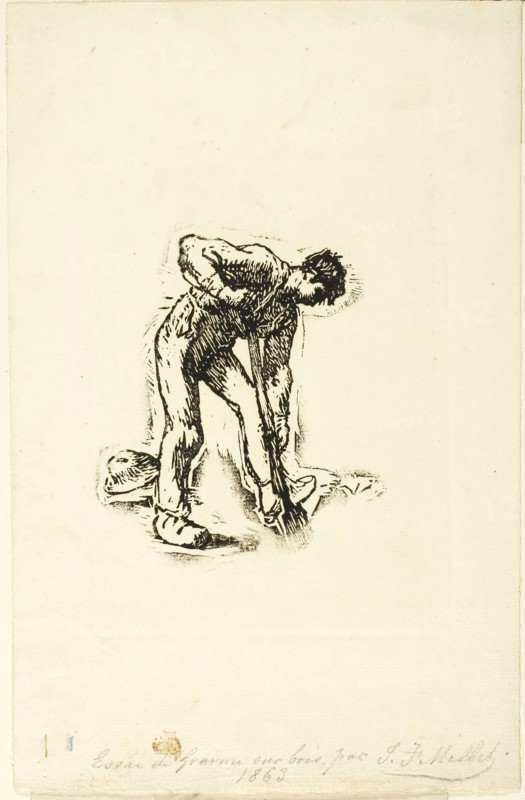 Peasant Digging, 1863, Jean François Millet, French, 1814-1875, France, Woodcut from a partially inked block on ivory laid paper, 103 × 87 mm (image), 142 × 105 mm (block), 238 × 153 mm (sheet)