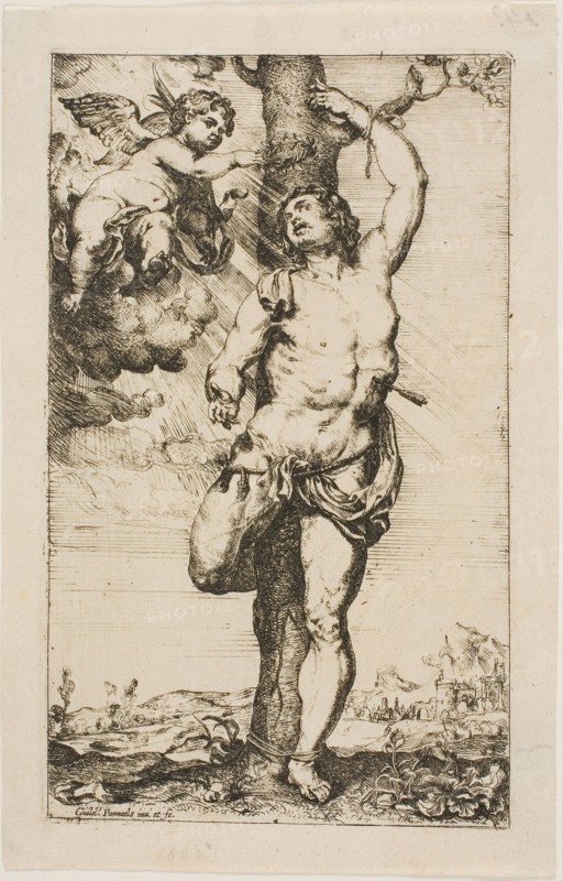 Saint Sebastian Crowned by an Angel, n.d., Willem Panneels, Flemish, 1600-after 1632, Flanders, Etching printed in black, on paper, 178 × 112 mm