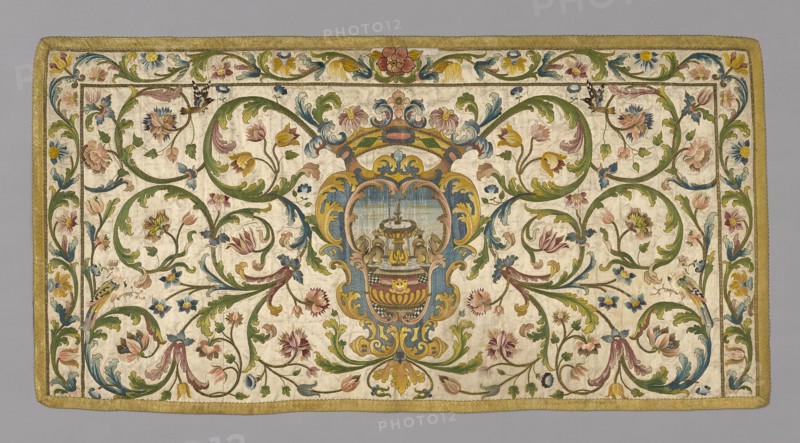 Altar Frontal, 18th century, Italy or France, Italy, Silk, satin weave, underlaid with hemp, plain weave, embroidered with silk, gilt-metal-strip-wrapped silk, and and hemp wrapped with gilt-metal strip and silk in satin stitches, laid work and couching, edged with woven tape, 103.7 x 202 cm (40 3/4 x 79 1/2 in.)
