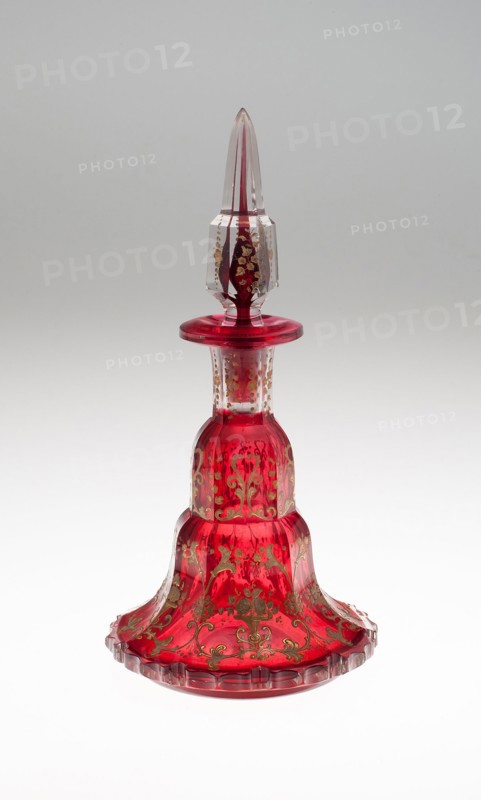 Scent Bottle, Mid to late 19th century, Bohemia, Czech Republic, Bohemia, Glass, blown, cut, stained red, engraved and gilded, H. 23.5 cm (9 1/4 in.)