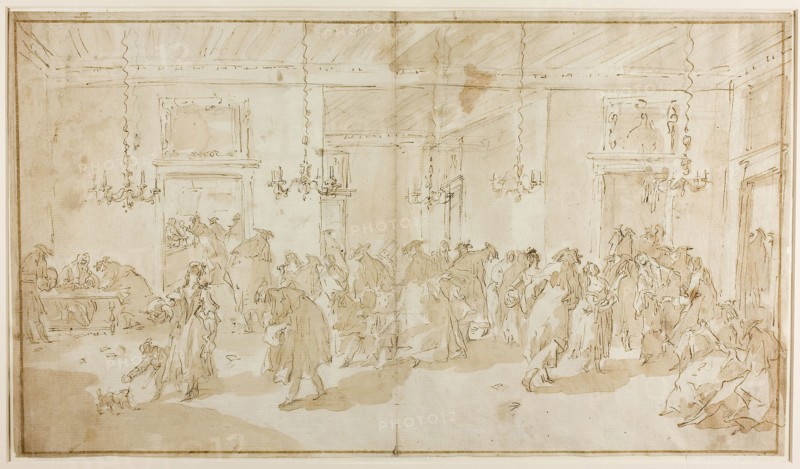 Il Ridotto, 1752/55, Giovanni Antonio Guardi, Italian, 1699-1760, Italy, Pen and brown ink, brush and brown wash, over black chalk, on ivory laid paper, 296 x 521 mm