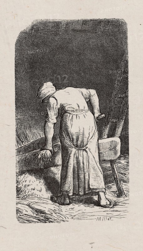 Woman Crushing Flax, 1853, after drawing made in 1852, Jacques Adrien Lavieille (French, 1818-1862), after Jean François Millet (French, 1814-1875), France, Wood engraving in black on gray China paper, laid down on off-white wove paper (chine collé), 134 × 75 mm (image), 183 × 132 mm (primary support), 338 × 271 mm (secondary support)