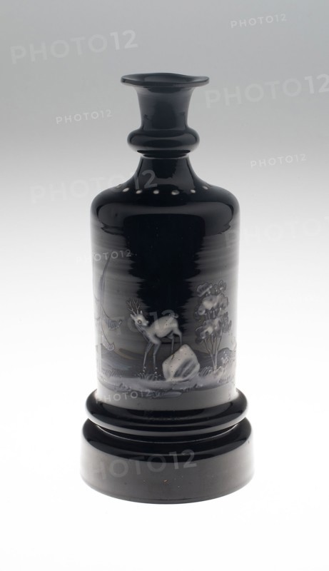 Bottle, c. 1825/40, Bohemia, Czech Republic, Bohemia, Glass, black, blown, cut and enamelled with white, H. 19.1 cm (7 1/2 in.)