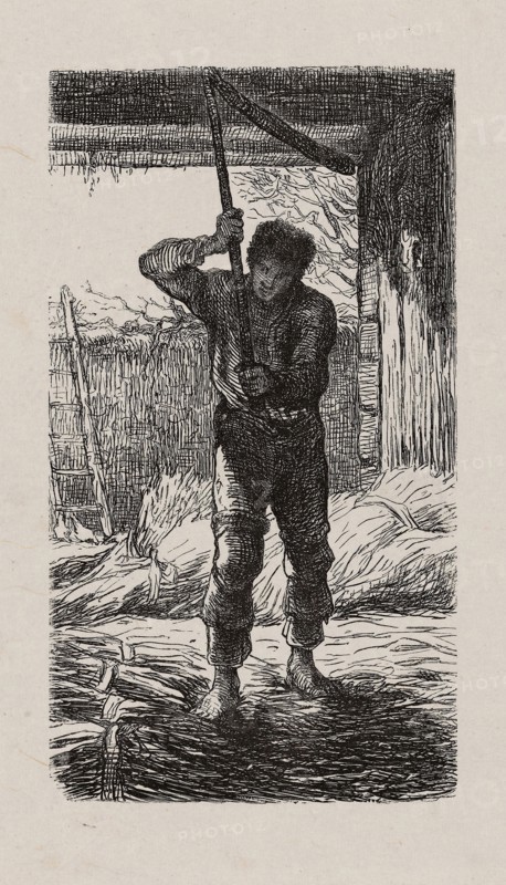 Thresher, 1853, after drawing made in 1852, Jacques Adrien Lavieille (French, 1818-1862), after Jean François Millet (French, 1814-1875), France, Wood engraving in black on gray China paper, laid down on off-white wove paper (chine collé), 135 × 75 mm (image), 182 × 132 mm (primary support), 307 × 255 mm (secondary support)