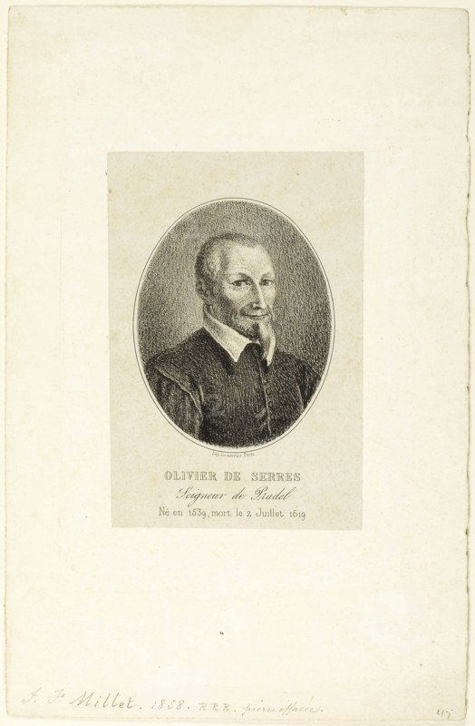 Olivier de Serres, 1858, Jean François Millet (French, 1814-1875), after Daniel de Serres (French, 1539-1619), printed by Lemercier et Compagnie, France, Lithograph on gray China paper laid down on ivory wove paper, 146 × 99 mm (image/primary support), 276 × 179 mm (secondary support)