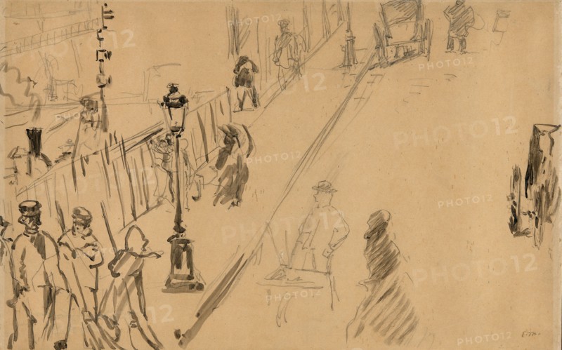 The rue Mosnier with Gas Lamp, 1878, Édouard Manet, French, 1832-1883, France, Brush with tusche, over graphite on transfer paper, laid down on cream wove paper, 277 × 441 mm