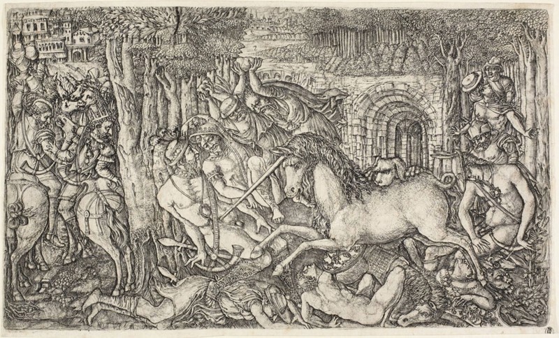 A King Pursued by the Unicorn, 1540/50, Jean Duvet, French, 1485-1570, France, Engraving on paper, 228 × 392 mm (plate), 238 × 395 mm (sheet)