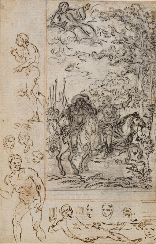 Study for Vignette in Voltaire’s La Pucelle d’Orleans, with Sketches of Heads and Nude Figures, c. 1762, Hubert François Gravelot, French, 1699-1773, France, Pen and brown and gray ink, over graphite and red chalk, on buff laid paper, laid down on cream laid paper, 166 × 107 mm