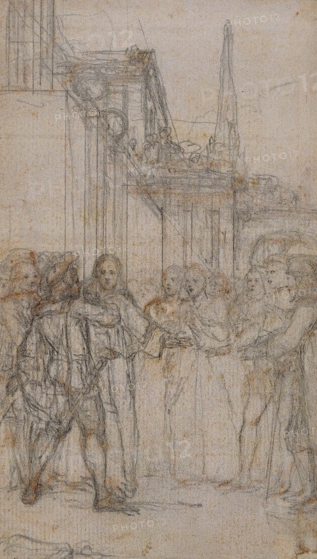 Literary Illustration: Man with Sword Confronting Group of Figures Before Building, n.d., Hubert François Gravelot, French, 1699-1773, France, Graphite, over red chalk, on buff laid paper, laid down on ivory laid paper, 133 × 77 mm