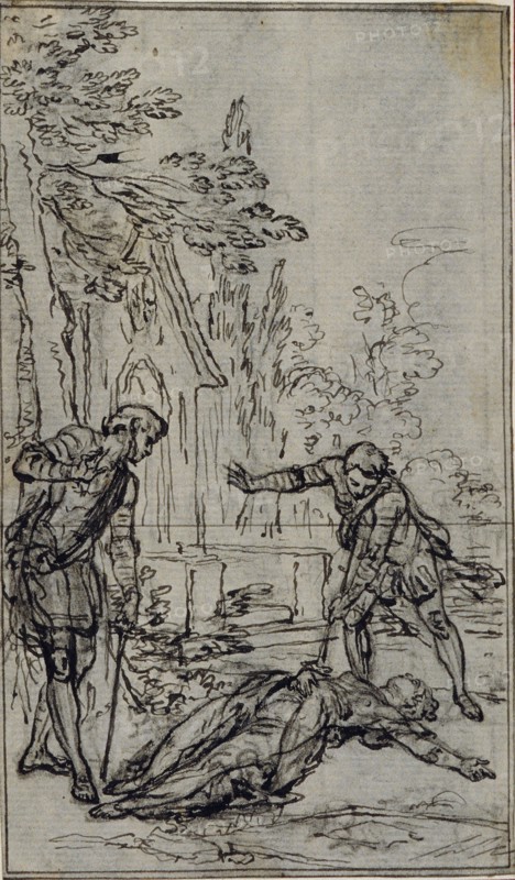Study for Vignette in Voltaire’s La Pucelle d’Orleans, c. 1762, Hubert François Gravelot, French, 1699-1773, France, Pen and black ink over black chalk, on gray laid paper, laid down on ivory laid paper, 131 × 77 mm