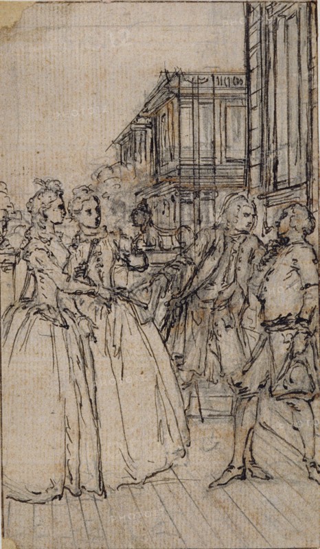 Literary Illustration with Two Ladies and Two Gentlemen in a Street, n.d., Hubert François Gravelot, French, 1699-1773, France, Pen and brown ink over graphite and red chalk, on cream laid paper, laid down on ivory laid paper, 133 × 78 mm
