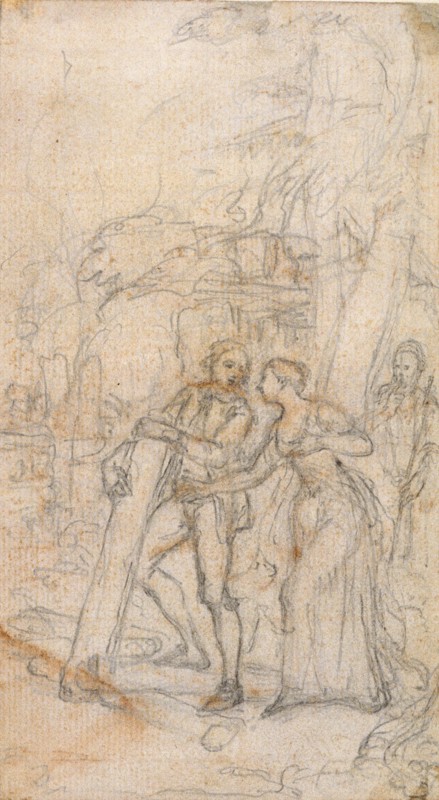 Study for William Shakespeare’s The Tempest, c. 1744, Hubert François Gravelot, French, 1699-1773, France, Graphite, with red chalk, on cream laid paper, laid down on ivory laid paper, 138 × 77 mm