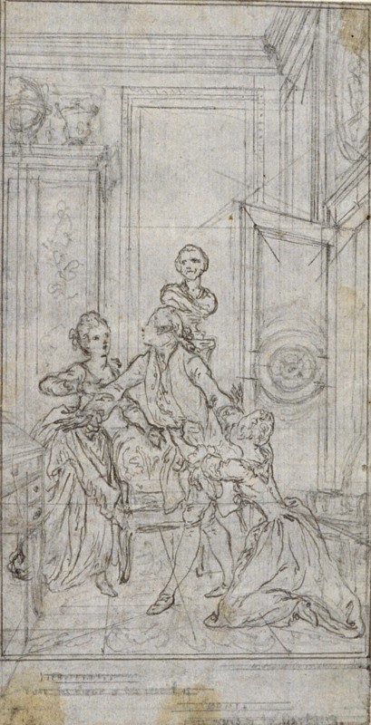 Study for Vignette-Frontispiece in Charles-Simon Favart’s L’Amitié à l’Epreuve, c. 1771, Hubert François Gravelot, French, 1699-1773, France, Graphite, on gray laid paper, laid down on ivory laid paper, 158 × 82 mm