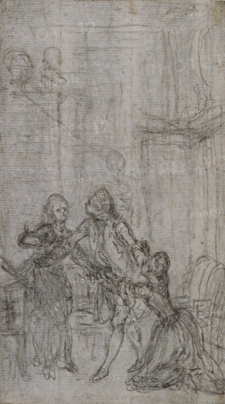 Study for Vignette-Frontispiece in Charles-Simon Favart’s L’Amitié à L’Epreuve, c. 1771, Hubert François Gravelot, French, 1699-1773, France, Graphite and black chalk, on gray laid paper, laid down on ivory laid paper, 143 × 80 mm
