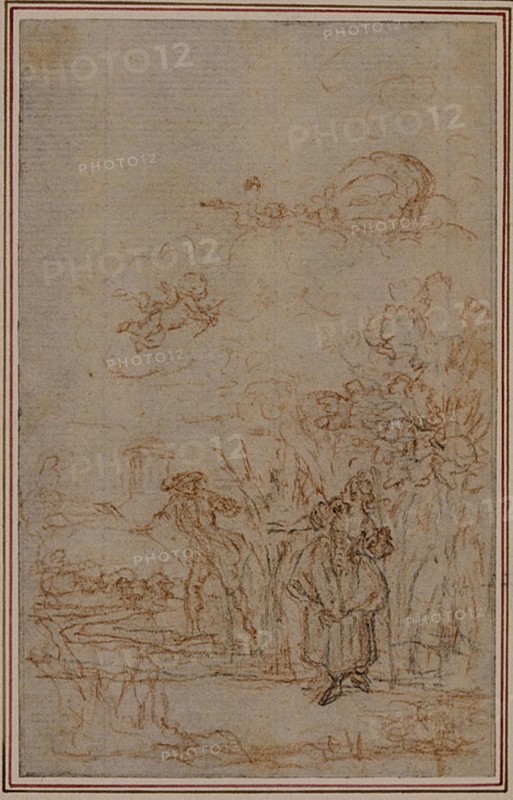 Study for Vignette in Fontenelle’s (attr.) Les Amours de Mirtil, Canto V, c. 1761, Hubert François Gravelot, French, 1699-1773, France, Red and black chalk, on gray laid paper, laid down on ivory laid paper, 114 × 72 mm
