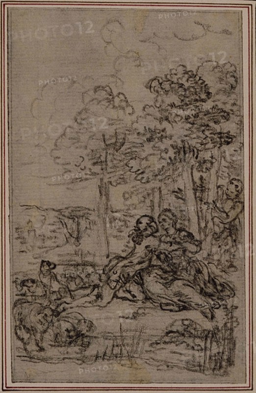 Study for Vignette in Fontenelle’s (attr.) Les Amours de Mirtil, Canto IV, c. 1761, Hubert François Gravelot, French, 1699-1773, France, Black chalk, on gray laid paper, laid down on ivory laid paper, 115 × 72 mm